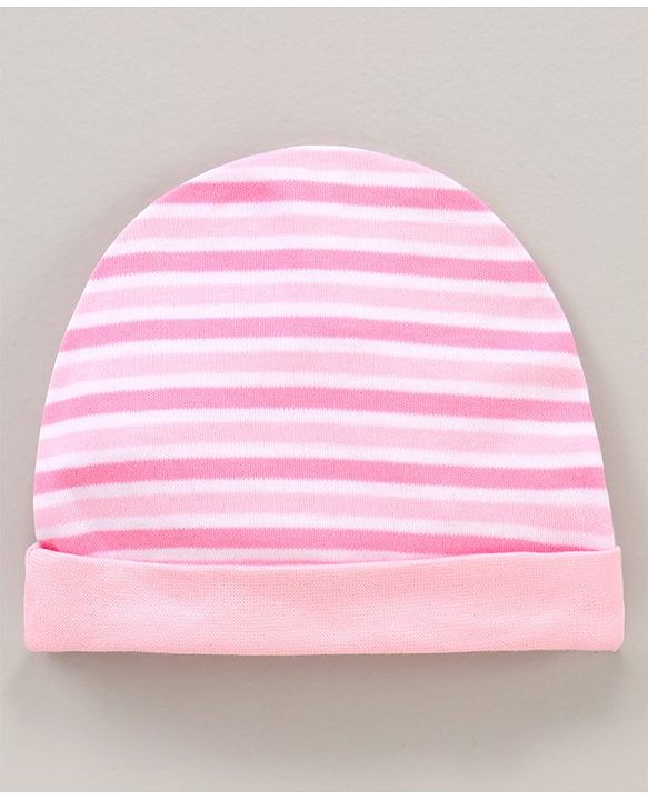 Babyhug 100% Cotton Cap Mittens & Booties Striped Pink - Diameter 15.5 cm