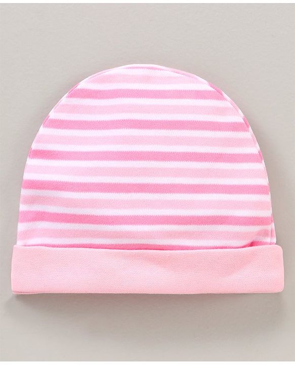 Babyhug 100% Cotton Cap Mittens & Booties Striped Pink - Diameter 15.5 cm