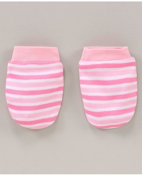Babyhug 100% Cotton Cap Mittens & Booties Striped Pink - Diameter 15.5 cm