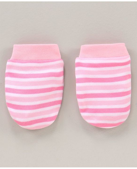 Babyhug 100% Cotton Cap Mittens & Booties Striped Pink - Diameter 15.5 cm