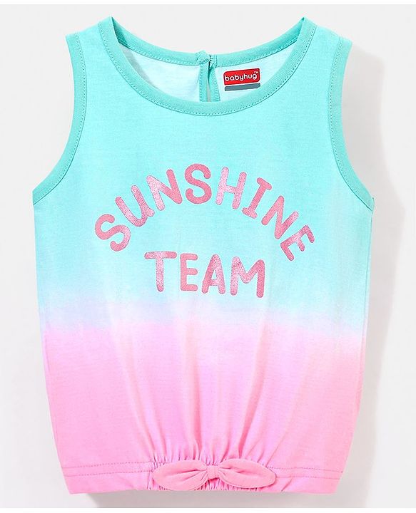 Babyhug Cotton Sleeveless Tee With Bow Detailing & Sunshine Graphics- Light Blue & Pink