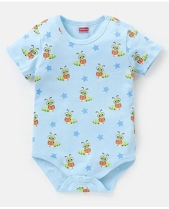 Babyhug 100% Cotton Half Sleeves Onesies Caterpillar and Stripes Print Pack of 3 - Blue & Orange