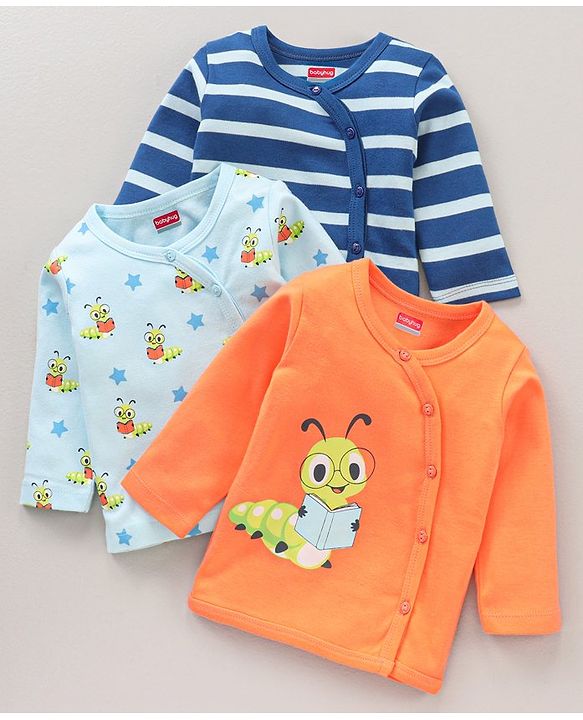 Babyhug 100% Cotton Knit Full Sleeves Vests Striped & Caterpillar Print  Pack of 3 - Multicolour