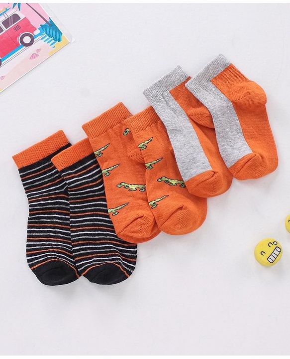 Cute Walk by Babyhug Non Terry Cotton Knit Ankle Length Anti Bacterial Socks Stripes & Dino Design Pack of 3 - Orange & Black