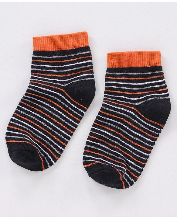 Cute Walk by Babyhug Non Terry Cotton Knit Ankle Length Anti Bacterial Socks Stripes & Dino Design Pack of 3 - Orange & Black