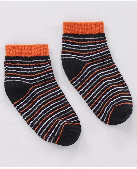 Cute Walk by Babyhug Non Terry Cotton Knit Ankle Length Anti Bacterial Socks Stripes & Dino Design Pack of 3 - Orange & Black