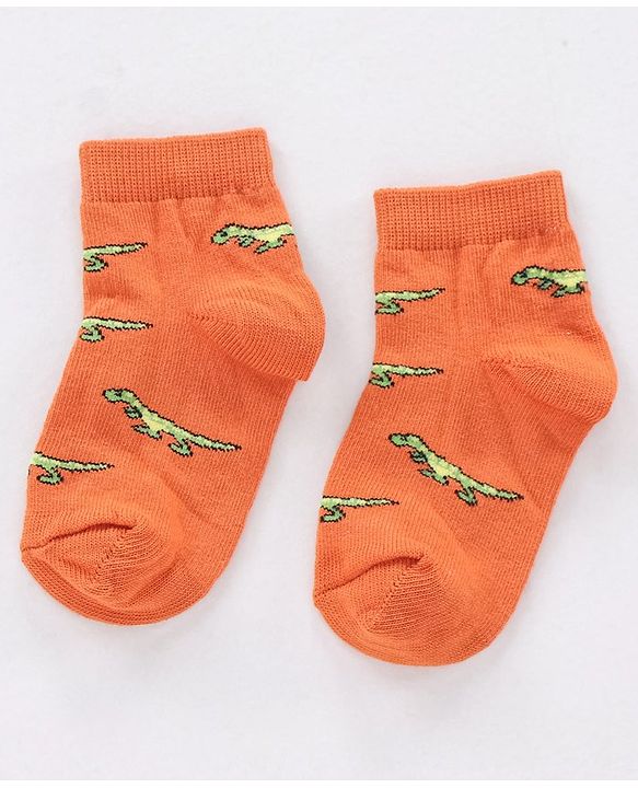 Cute Walk by Babyhug Non Terry Cotton Knit Ankle Length Anti Bacterial Socks Stripes & Dino Design Pack of 3 - Orange & Black