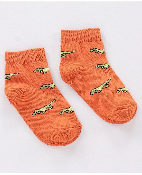 Cute Walk by Babyhug Non Terry Cotton Knit Ankle Length Anti Bacterial Socks Stripes & Dino Design Pack of 3 - Orange & Black