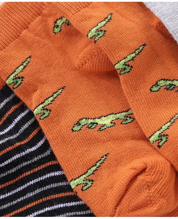 Cute Walk by Babyhug Non Terry Cotton Knit Ankle Length Anti Bacterial Socks Stripes & Dino Design Pack of 3 - Orange & Black