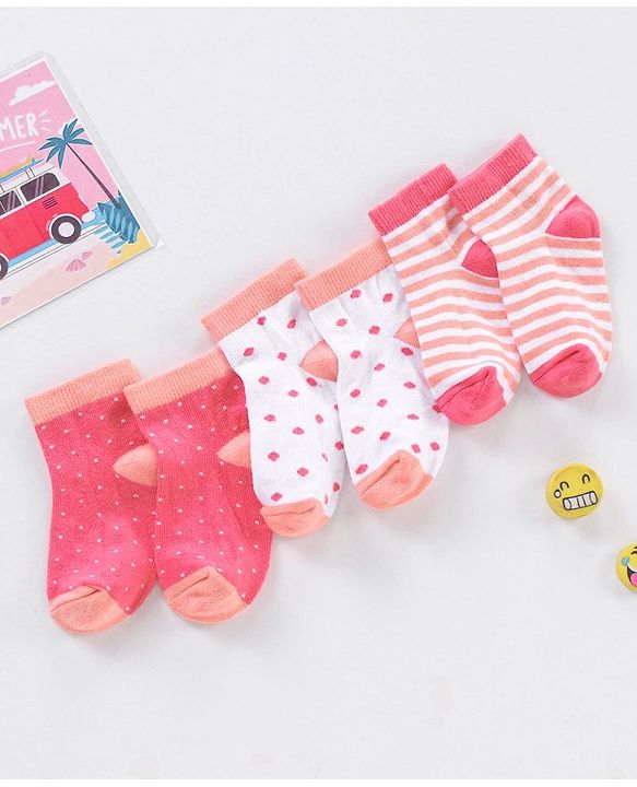 Cute Walk by Babyhug Non Terry Cotton Knit Ankle Length Anti Bacterial Socks Stripes & Dots Design Pack of 3 - Pink & White
