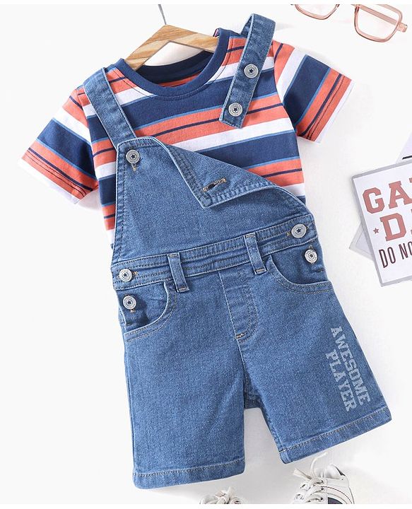 Babyhug Denim  Dungaree With Half Sleeves T-Shirt Striped  - Blue