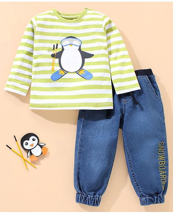 Babyhug Terry  Full Sleeve T-Shirt and Denim Full Length Bottomwear With Penguin & Stripes Print - Blue Green