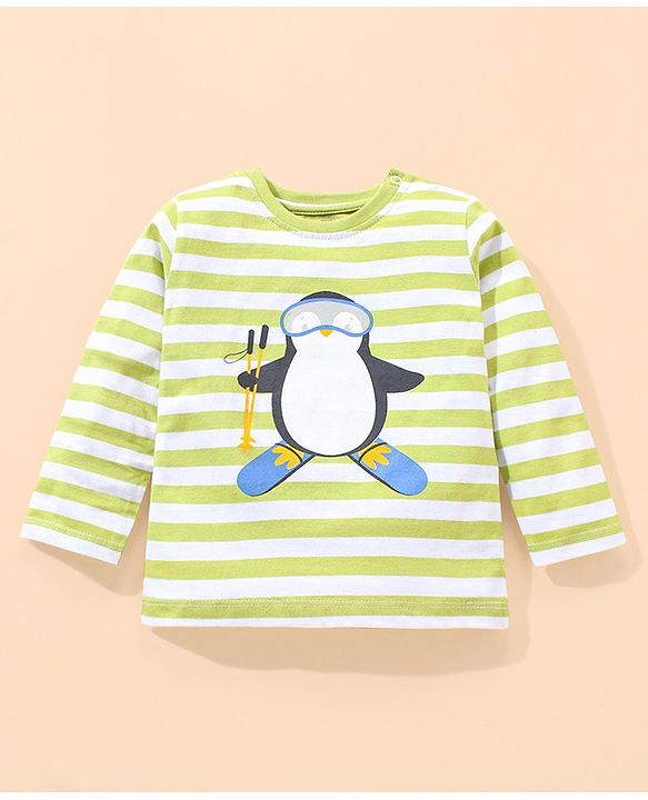 Babyhug Terry  Full Sleeve T-Shirt and Denim Full Length Bottomwear With Penguin & Stripes Print - Blue Green