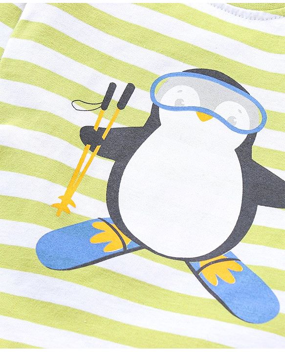 Babyhug Terry  Full Sleeve T-Shirt and Denim Full Length Bottomwear With Penguin & Stripes Print - Blue Green