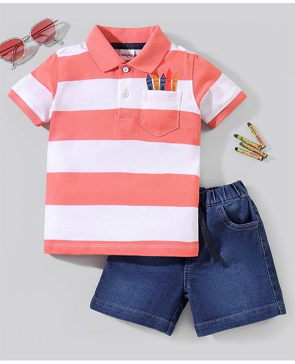 Babyhug Half Sleeves T-Shirt and Denim Shorts Stripes Pattern - Red Blue