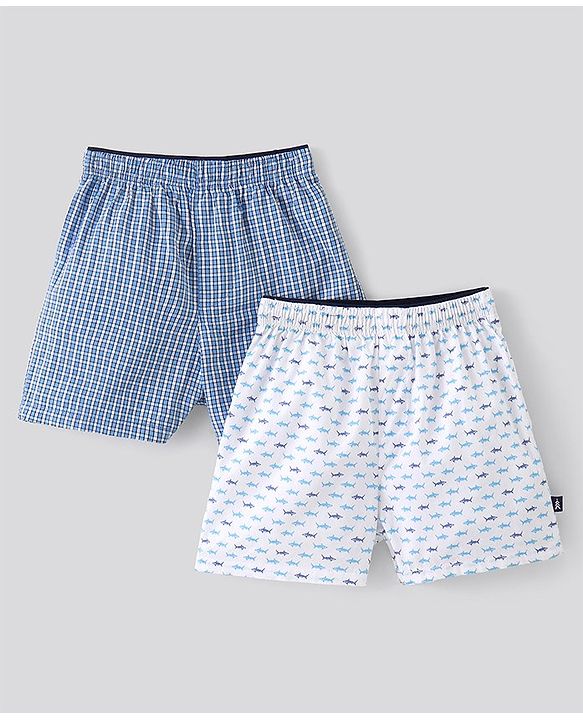Pine Kids Cotton Woven Check with All Over Sharks Printed Boxers Pack of 2 (Colour May Vary)