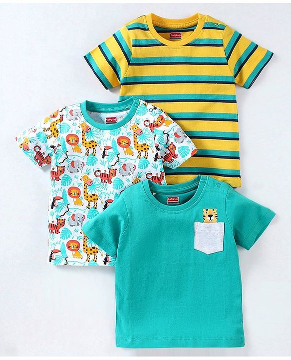 Babyhug Cotton Knit Half Sleeves Striped & Wild Animal Printed T-Shirts Pack of 3 - Blue & Yellow