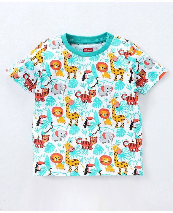 Babyhug Cotton Knit Half Sleeves Striped & Wild Animal Printed T-Shirts Pack of 3 - Blue & Yellow