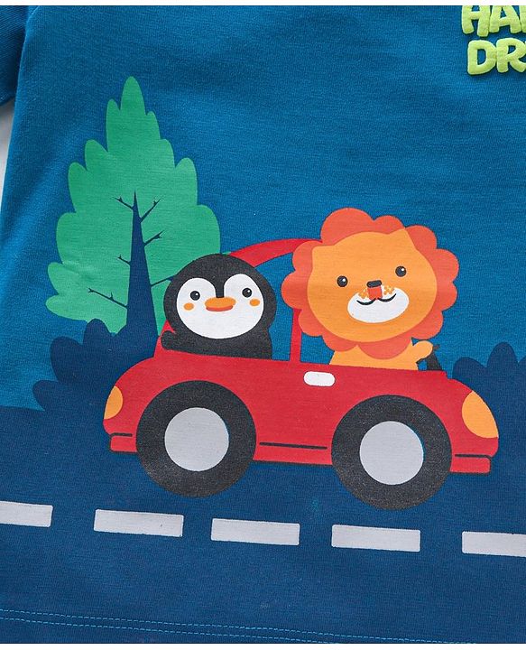Babyhug Cotton  Half Sleeves T-Shirt Driving Lion Print - Blue