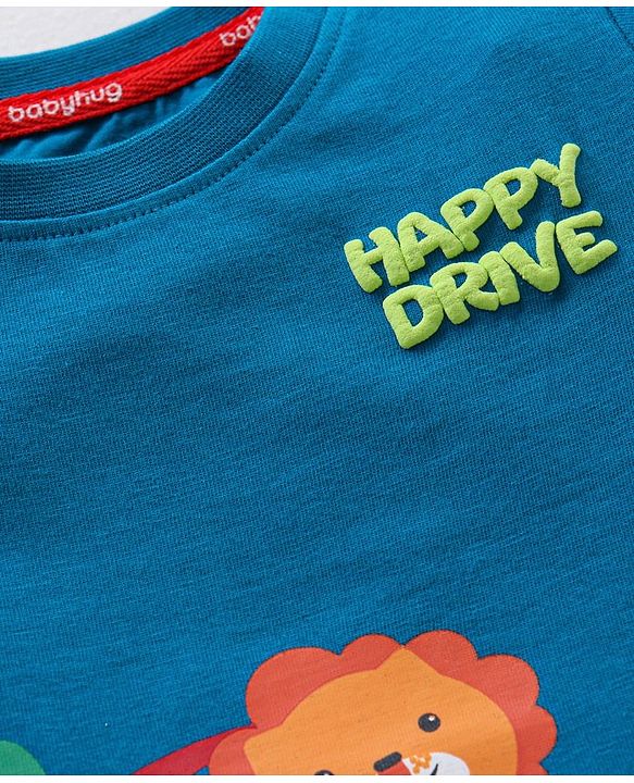 Babyhug Cotton  Half Sleeves T-Shirt Driving Lion Print - Blue