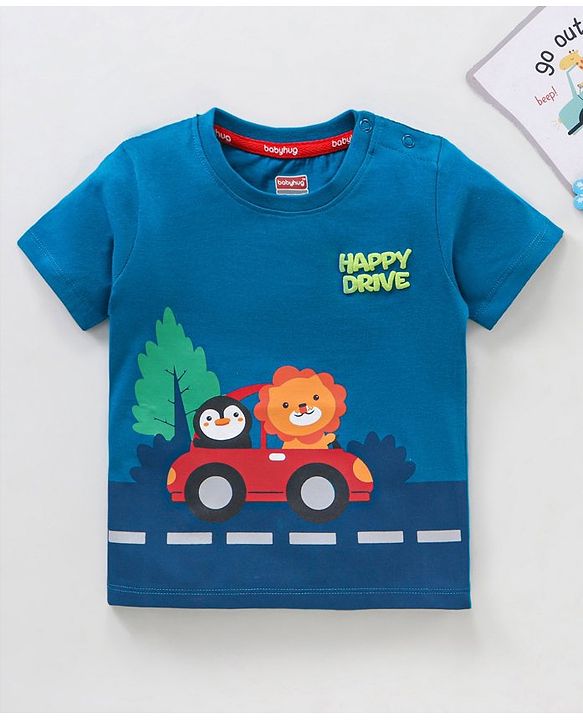 Babyhug Cotton  Half Sleeves T-Shirt Driving Lion Print - Blue