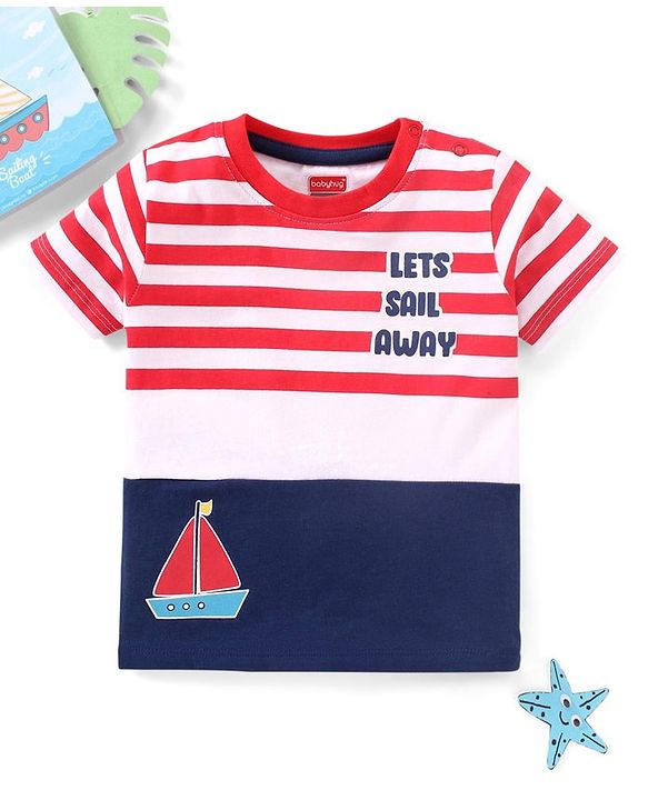 Babyhug Cotton Cut & Sew Half Sleeves T-Shirt With Stripes & Boat Print - Red & Navy
