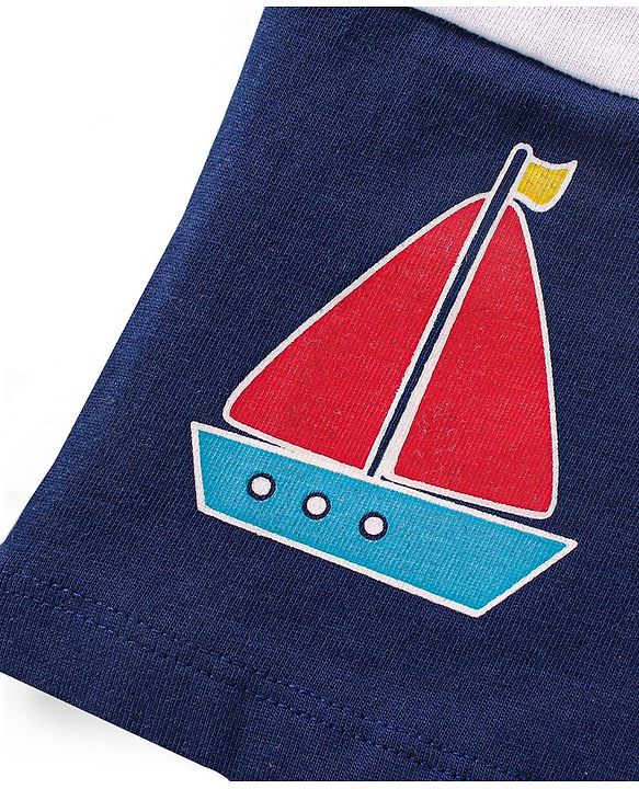 Babyhug Cotton Cut & Sew Half Sleeves T-Shirt With Stripes & Boat Print - Red & Navy
