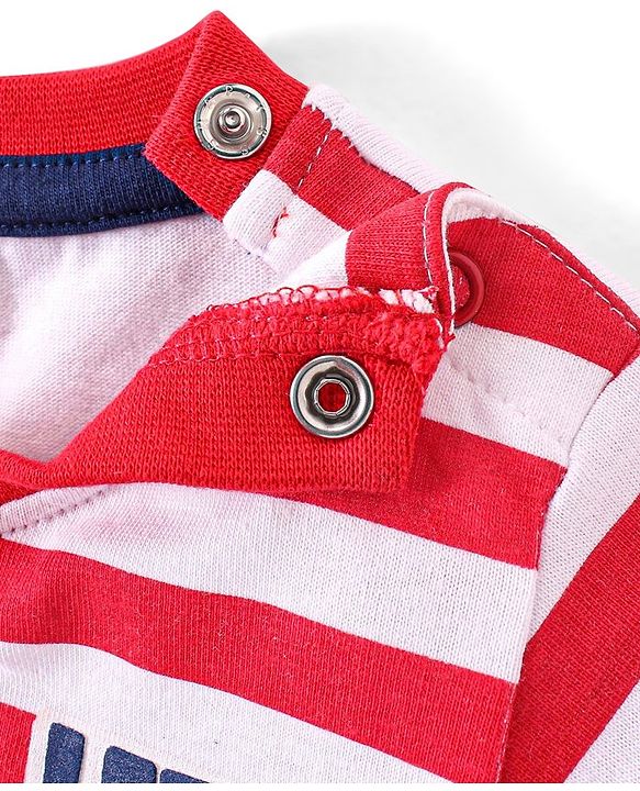Babyhug Cotton Cut & Sew Half Sleeves T-Shirt With Stripes & Boat Print - Red & Navy