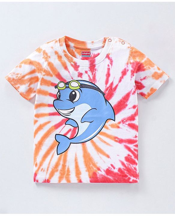 Babyhug Cotton Half Sleeves T-Shirt Tie Dye & Dolphin Print- Red & White