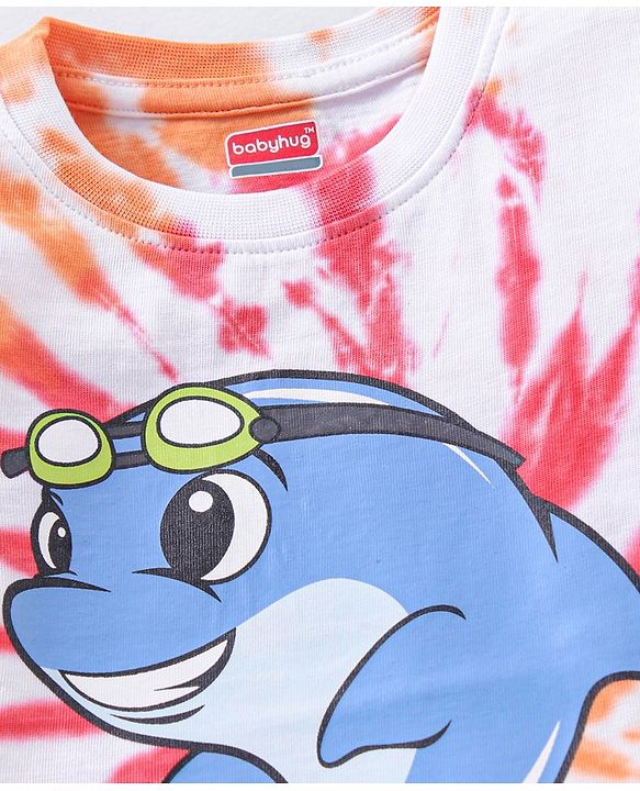 Babyhug Cotton Half Sleeves T-Shirt Tie Dye & Dolphin Print- Red & White