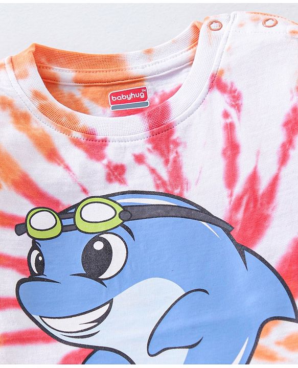 Babyhug Cotton Half Sleeves T-Shirt Tie Dye & Dolphin Print- Red & White