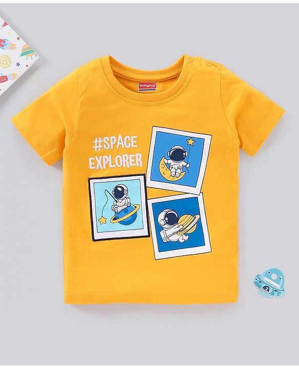 Babyhug Cotton Half Sleeves T-Shirt With Astronaut Embroidery- Yellow