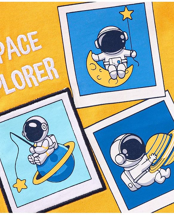 Babyhug Cotton Half Sleeves T-Shirt With Astronaut Embroidery- Yellow