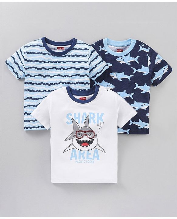 Babyhug Cotton Jersey Knit Half Sleeves Striped T-Shirt Shark Print Pack of 3 - Multicolor