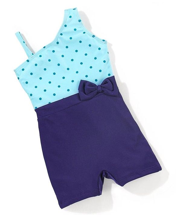 Babyhug Sleeveless Legged Swimsuit With Bow Applique Polka Dot Print- Navy Blue