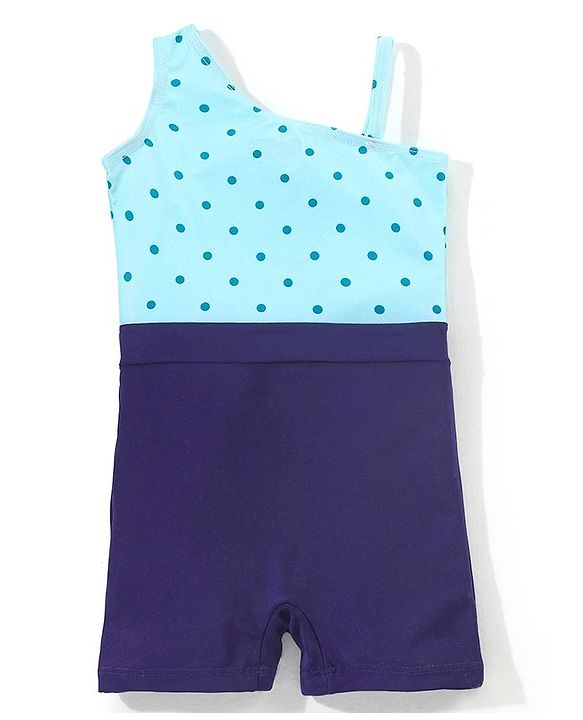 Babyhug Sleeveless Legged Swimsuit With Bow Applique Polka Dot Print- Navy Blue