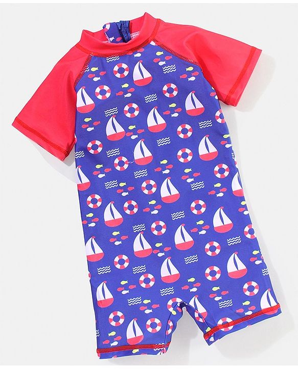 Babyhug Half Sleeves Legged Swim Suit Boat Print - Blue & Red