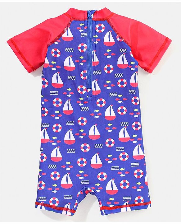 Babyhug Half Sleeves Legged Swim Suit Boat Print - Blue & Red