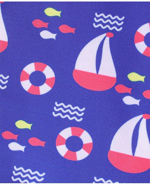 Babyhug Half Sleeves Legged Swim Suit Boat Print - Blue & Red