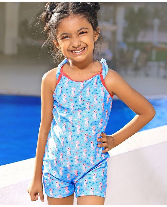 Babyhug Sleeveless Legged Swimsuit With Bow Applique Sea Horse Print- Blue