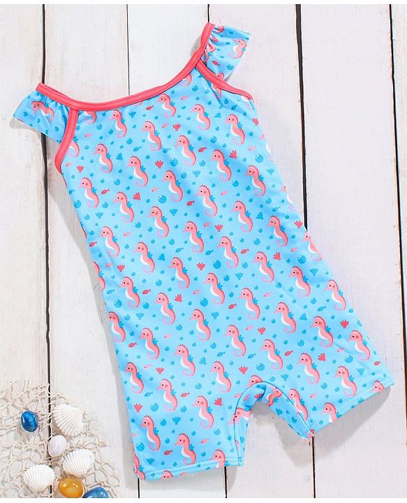 Babyhug Sleeveless Legged Swimsuit With Bow Applique Sea Horse Print- Blue