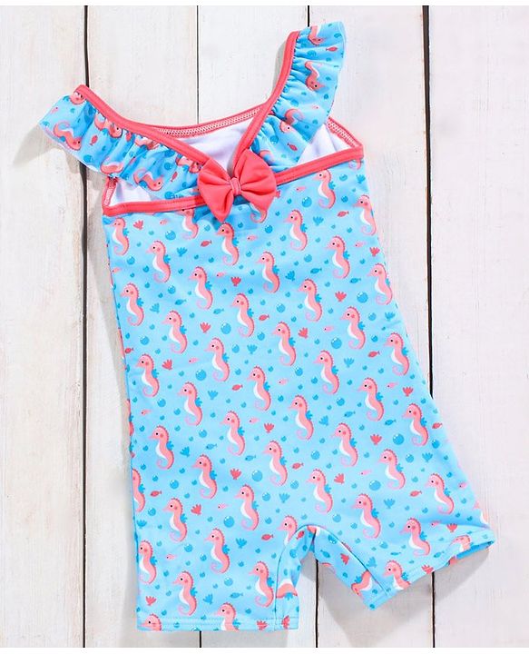 Babyhug Sleeveless Legged Swimsuit With Bow Applique Sea Horse Print- Blue
