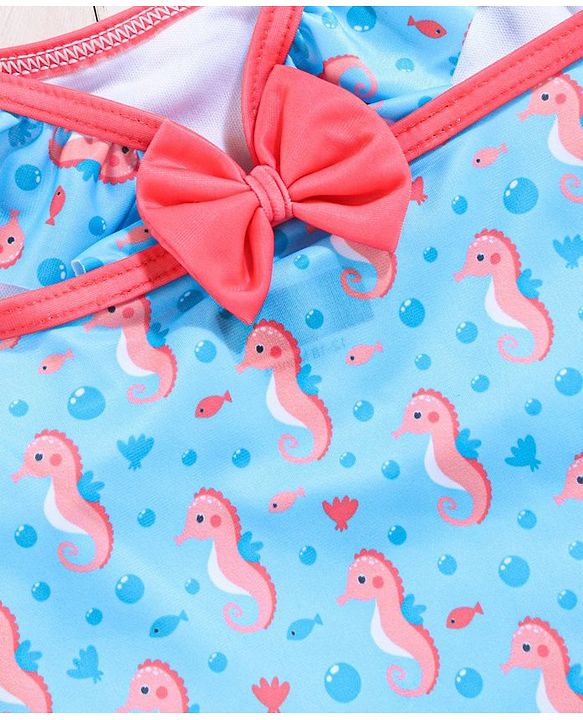 Babyhug Sleeveless Legged Swimsuit With Bow Applique Sea Horse Print- Blue