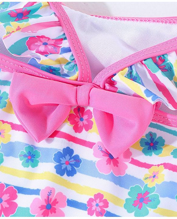 Babyhug Sleeveless Legged Swimsuit Floral Print - Blue & Pink