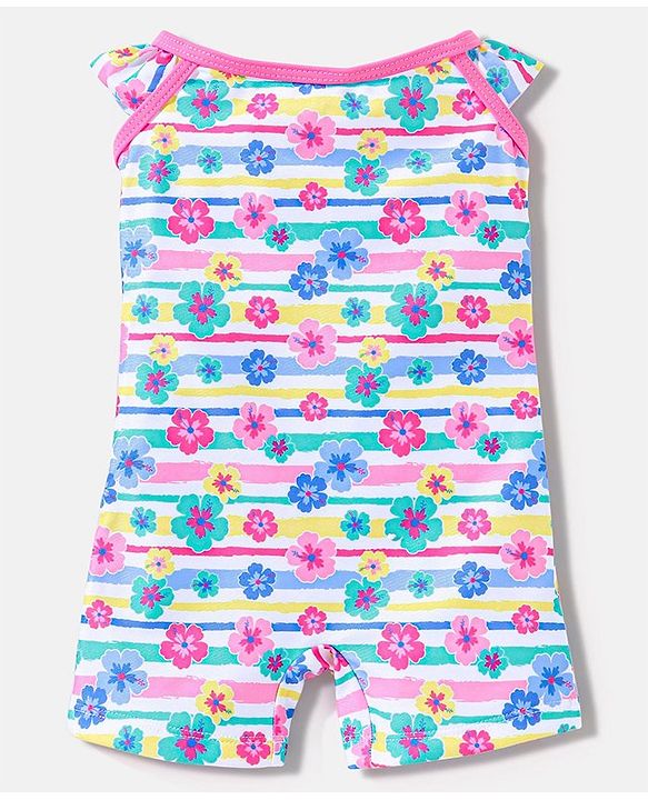 Babyhug Sleeveless Legged Swimsuit Floral Print - Blue & Pink