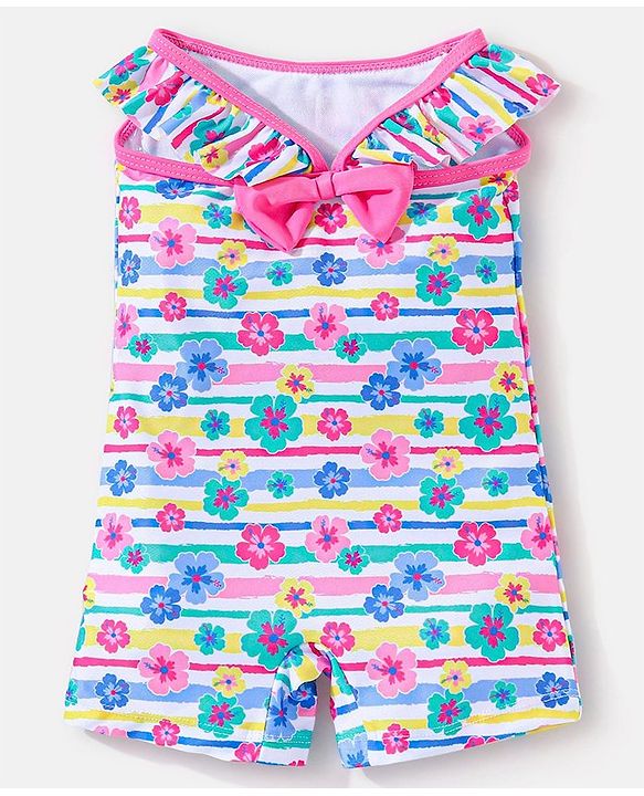 Babyhug Sleeveless Legged Swimsuit Floral Print - Blue & Pink
