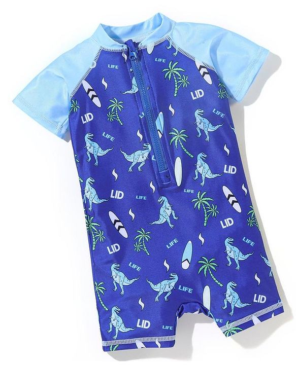 Babyhug Half Sleeves Legged Swimsuit Dino Print - Blue