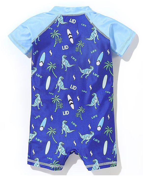 Babyhug Half Sleeves Legged Swimsuit Dino Print - Blue