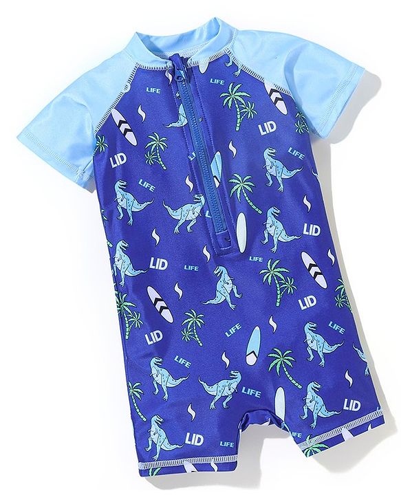Babyhug Half Sleeves Legged Swimsuit Dino Print - Blue