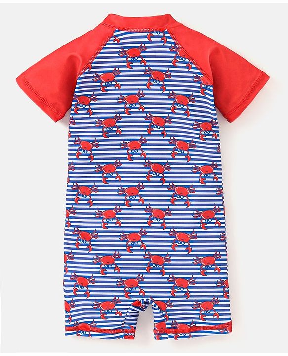 Babyhug Half Sleeves Legged Swimsuit Crabs Print - Blue & Red